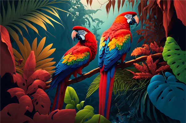 Fotomural vinilo ilustración guacamayos selva tropical